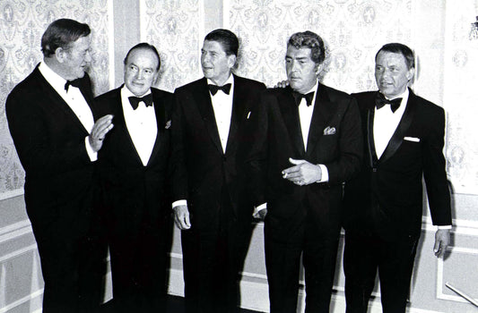 Group Photo Of John Wayne, Bob Hope, Ronald Reagan, Dean Martin And Frank Sinatra Attending A Black Tie Event